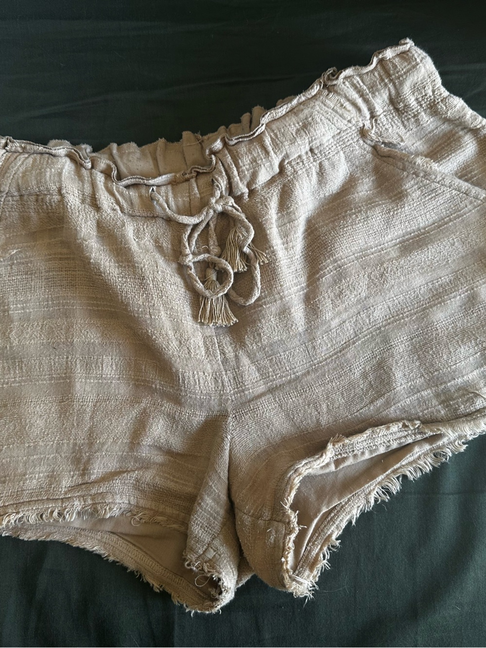 Rewind Taupe High-Waist Frayed Drawstring Shorts